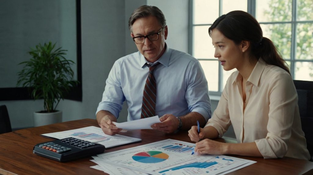 A man and woman analyze documents and a calculator at a desk, engaged in a discussion about mutual funds.