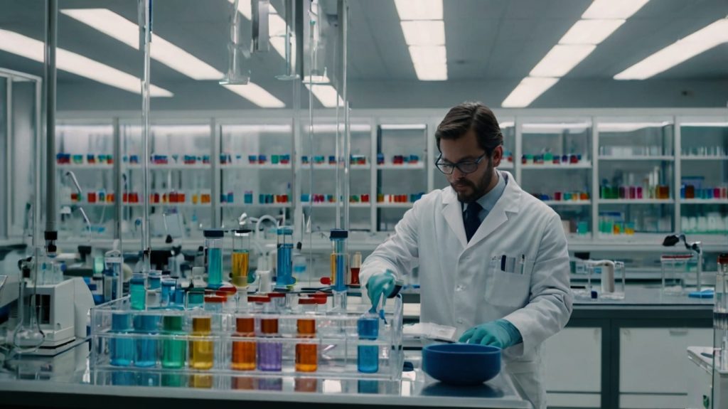 A man in a lab coat conducts research with a test tube, symbolizing investment in the pharmaceutical industry.