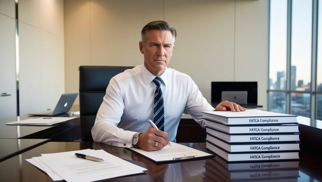 A businessman in a suit is seated at a desk, with numerous papers piled around him, focusing on the Foreign Account Tax Compliance Act.