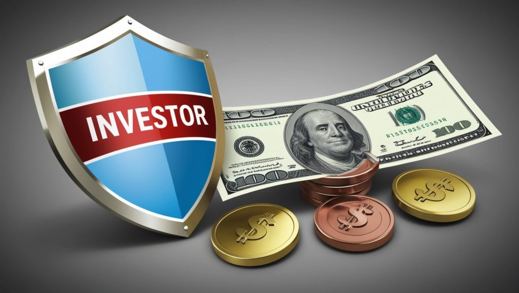 A shield representing investors, adorned with money and coins, displayed on a grey background, highlighting financial safeguarding.