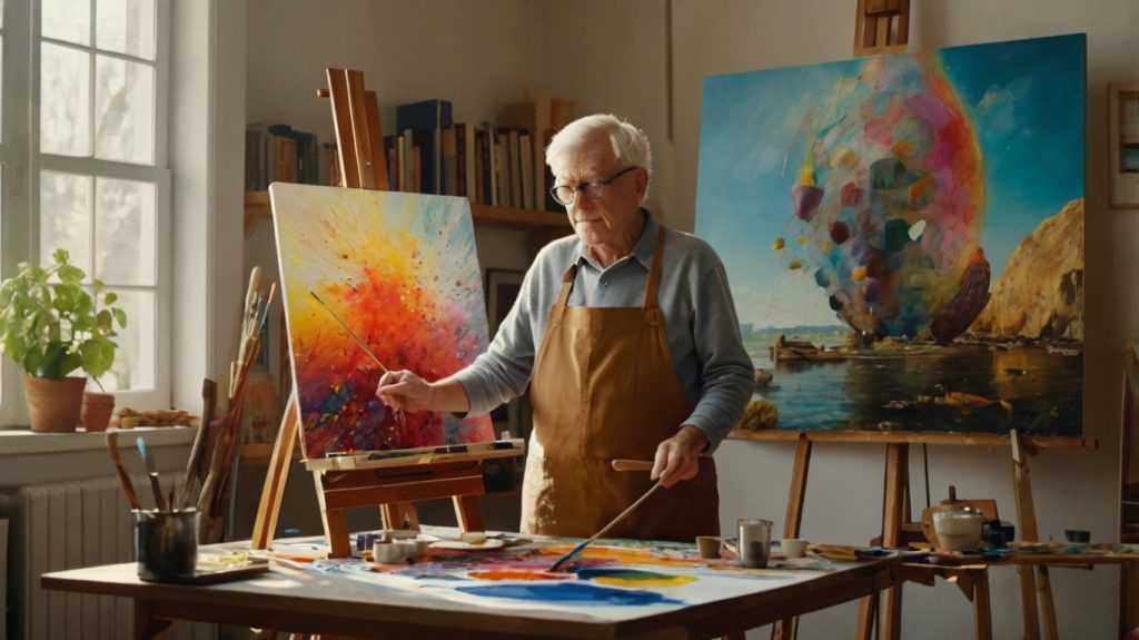 In his studio, an older man focuses on painting, contemplating his retirement accounts and the fulfillment of his creative journey.