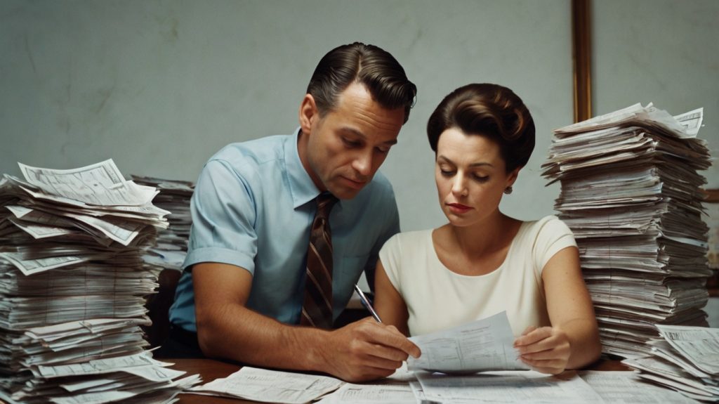 A man and woman collaborate at a desk, surrounded by papers as they discuss their spousal IRA options.